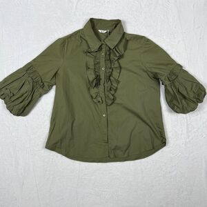 Kaktus Collar Shirt Women's Size XL Olive‎ Green  3/4 Sleeves Ruffles Button-Up